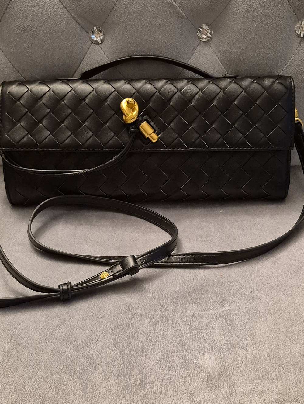 Black Woven PU Leather Shoulder Bag with Gold Accent